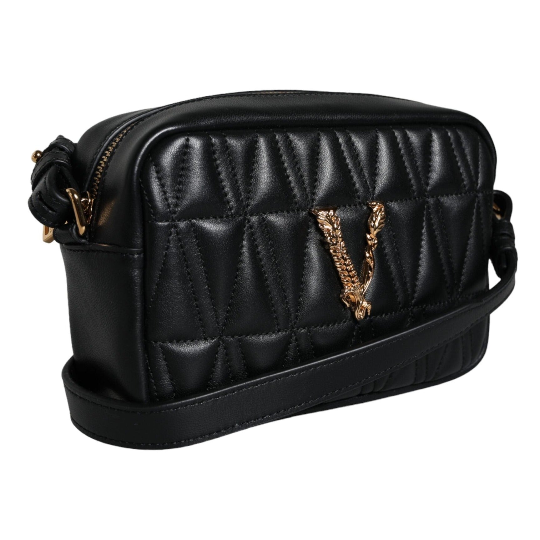 Black Quilted Lamb Leather Camera Case Shoulder Bag