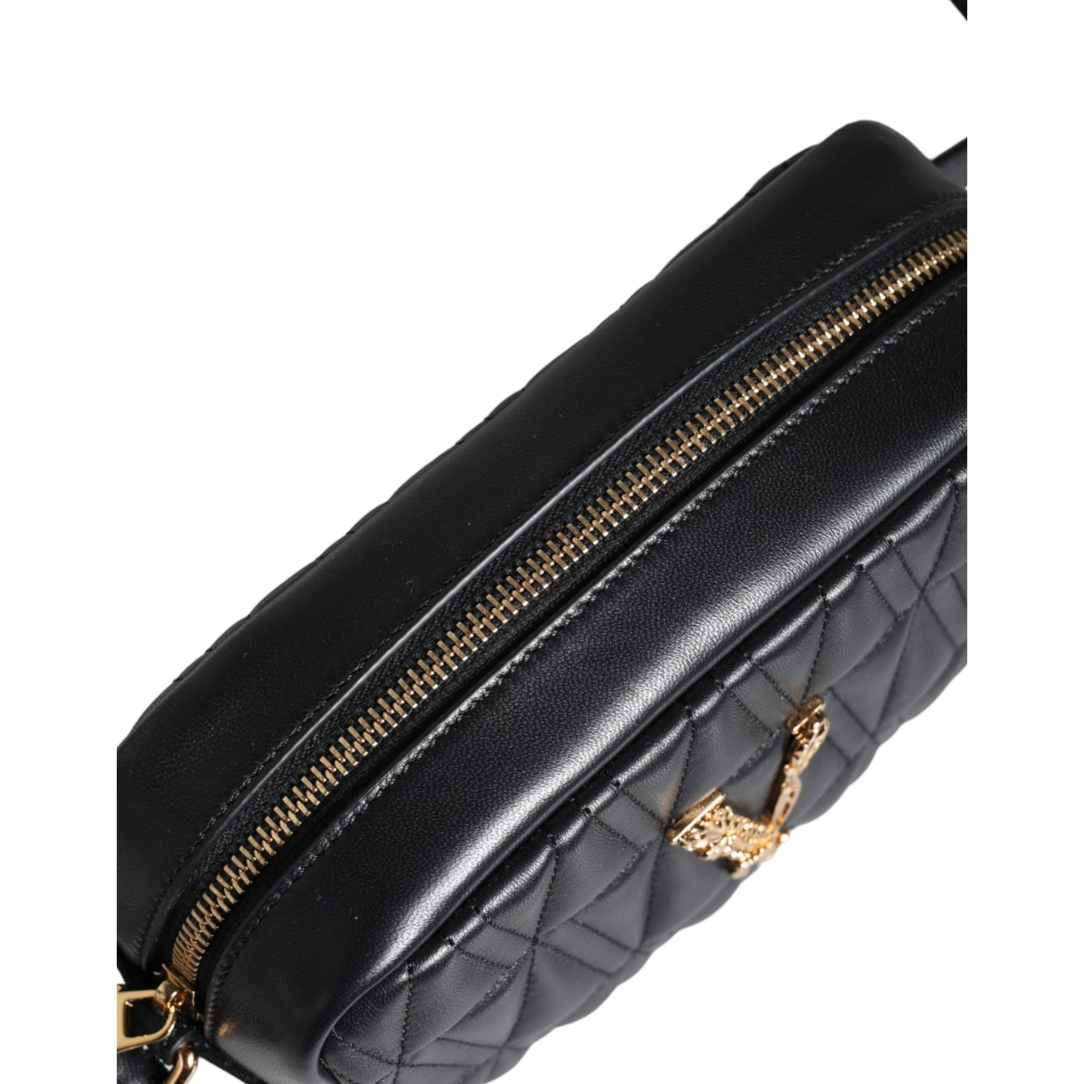 Black Quilted Lamb Leather Camera Case Shoulder Bag