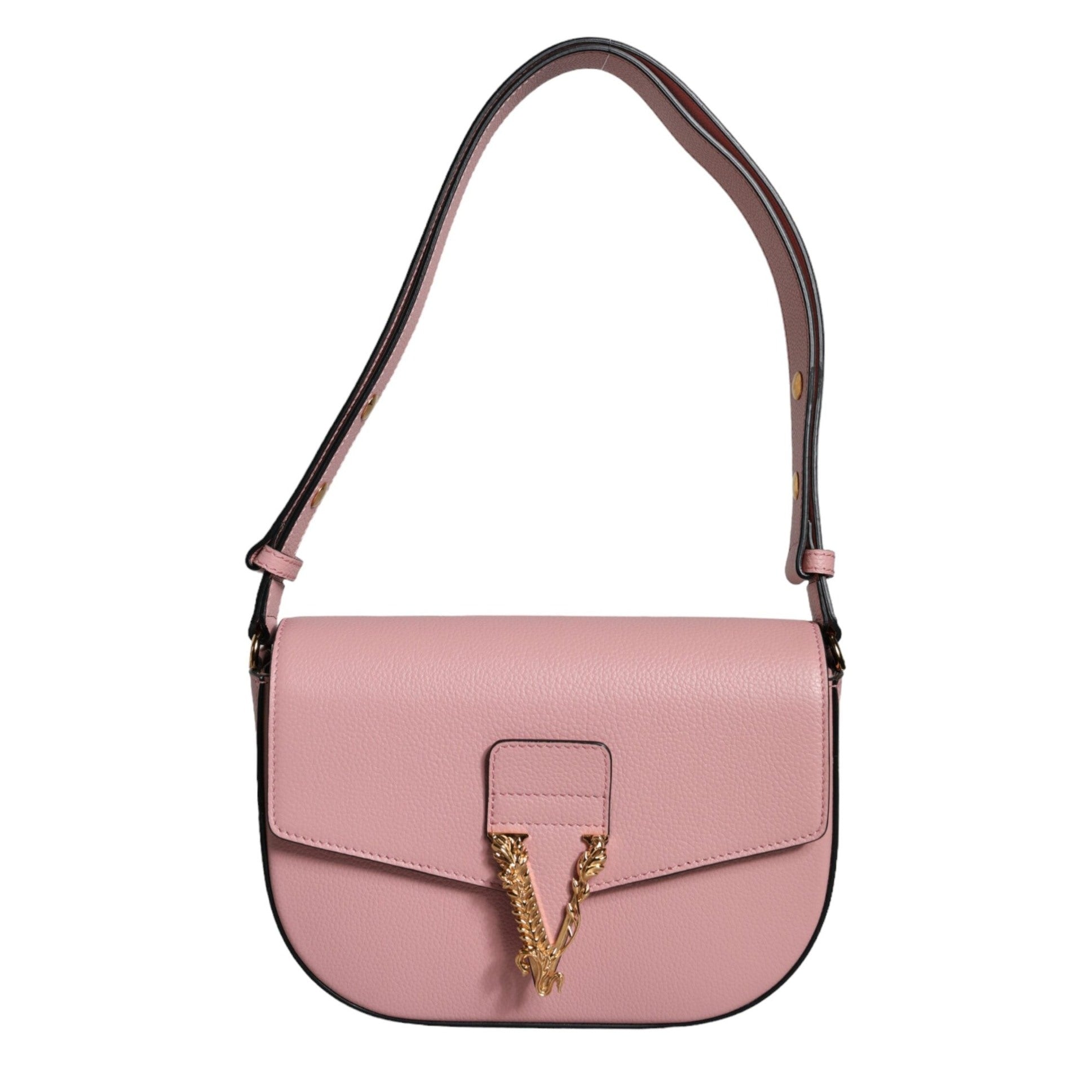 Pink Grainy Calf Leather Logo Crossbody Shoulder Bag