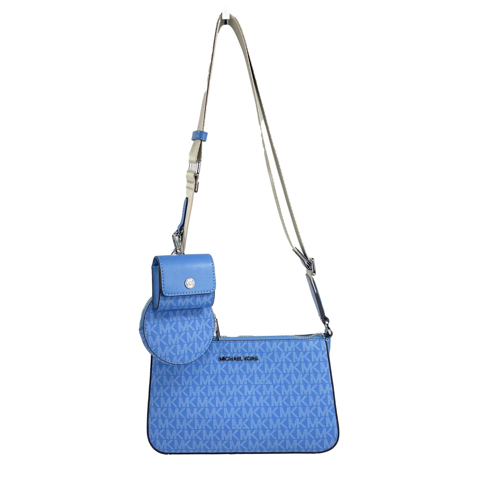 Michael Kors Jet Set Signature PVC Crossbody Tech Attachment Bag Purse Blue