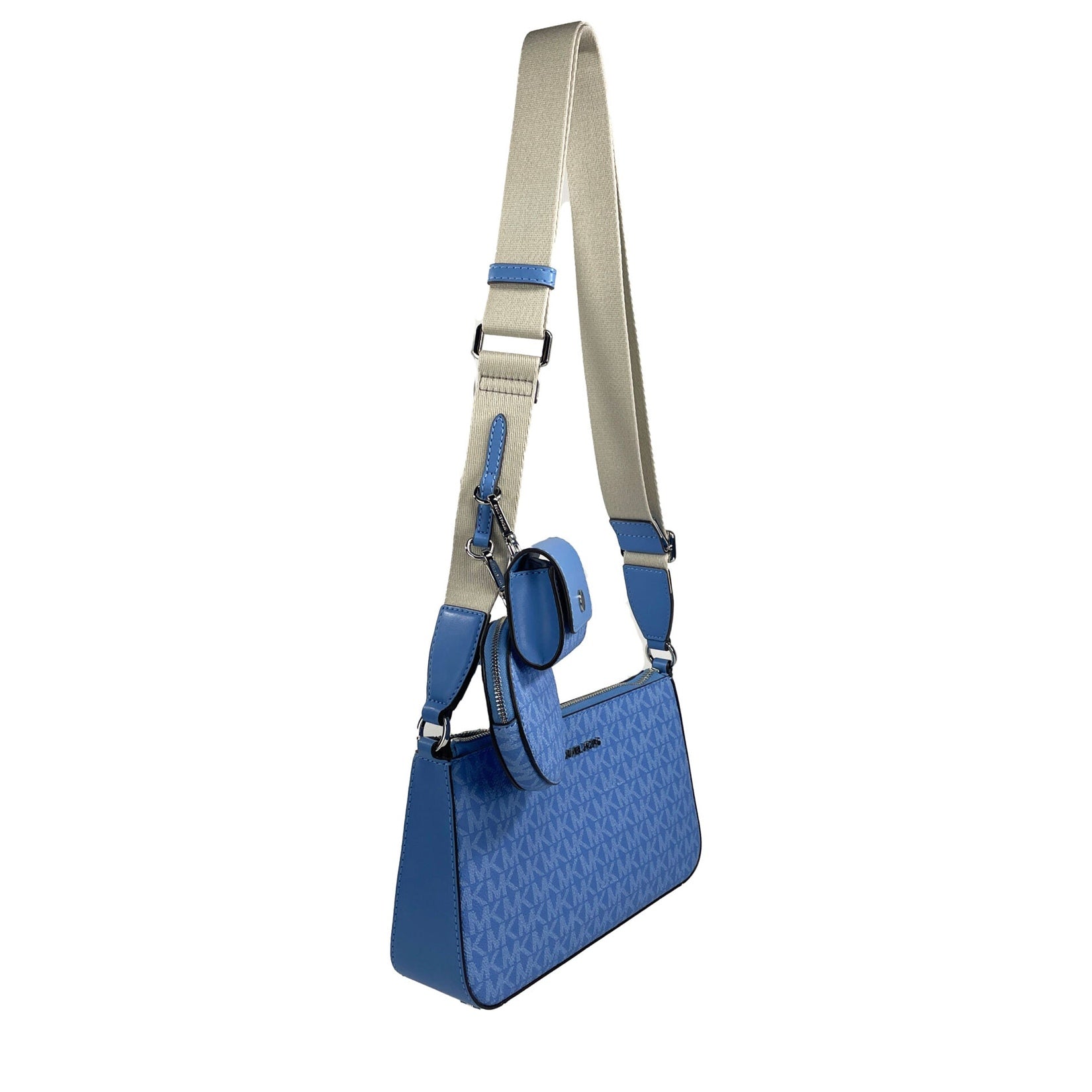 Michael Kors Jet Set Signature PVC Crossbody Tech Attachment Bag Purse Blue