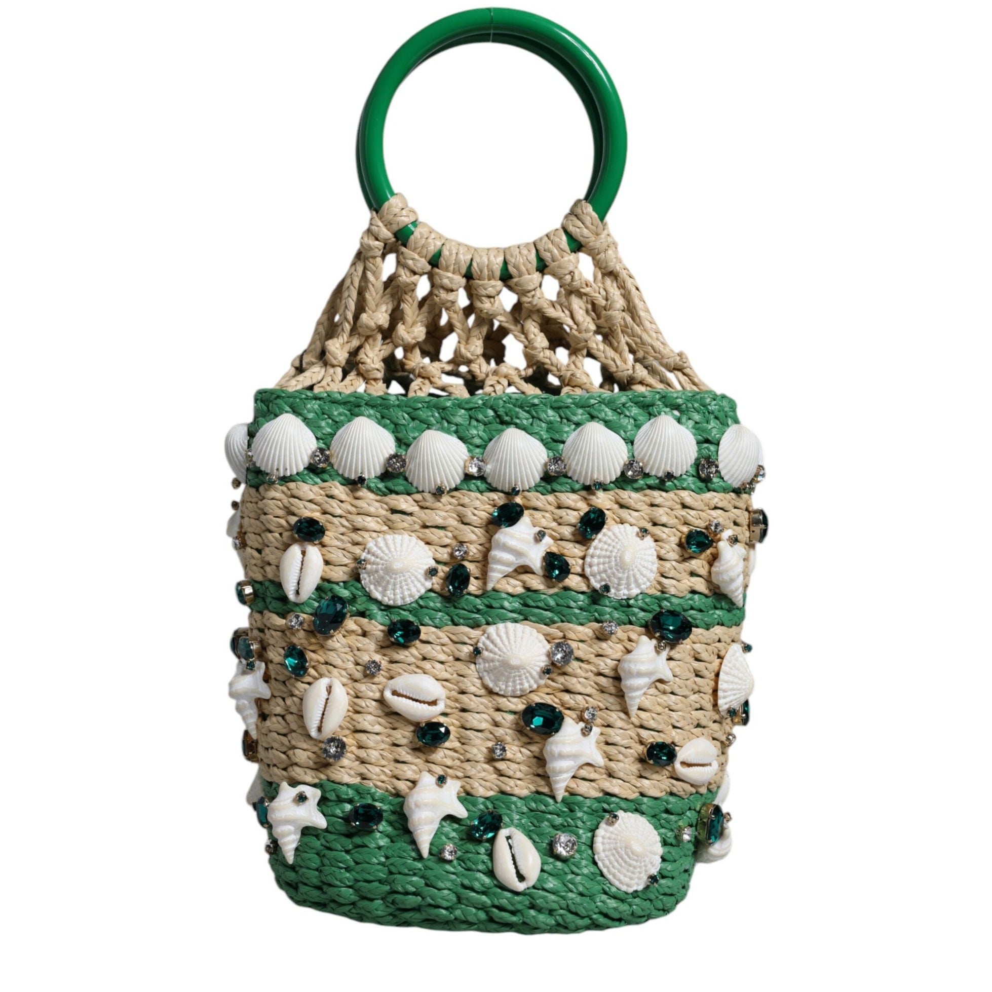 Beige Green Rafia Seashells Crystal Bucket Bag