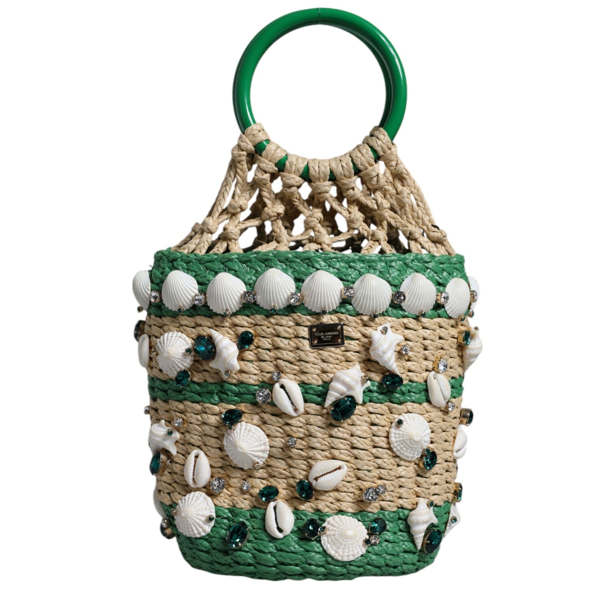 Beige Green Rafia Seashells Crystal Bucket Bag