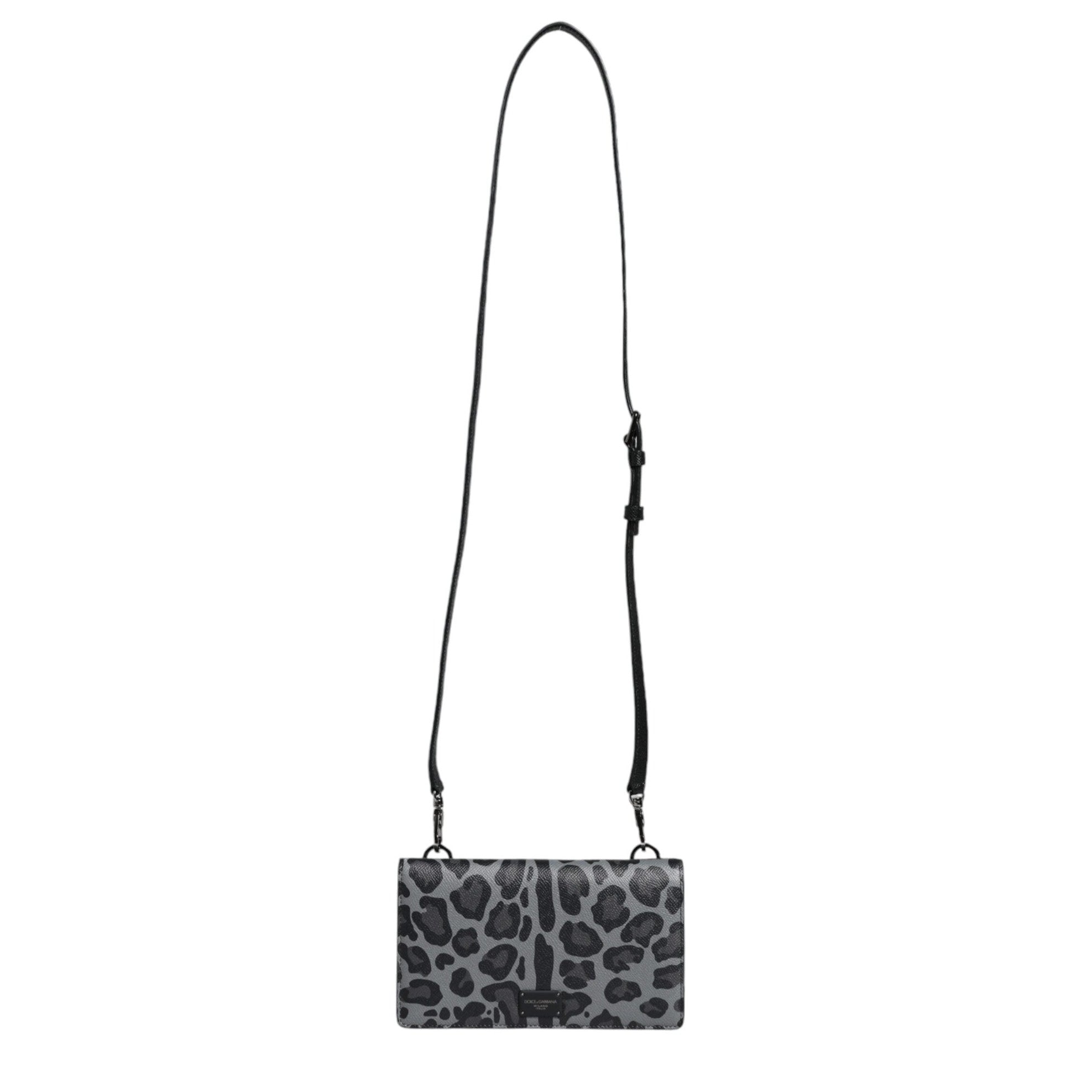 Black Gray Leopard Leather Bifold Card Slot Crossbody Bag