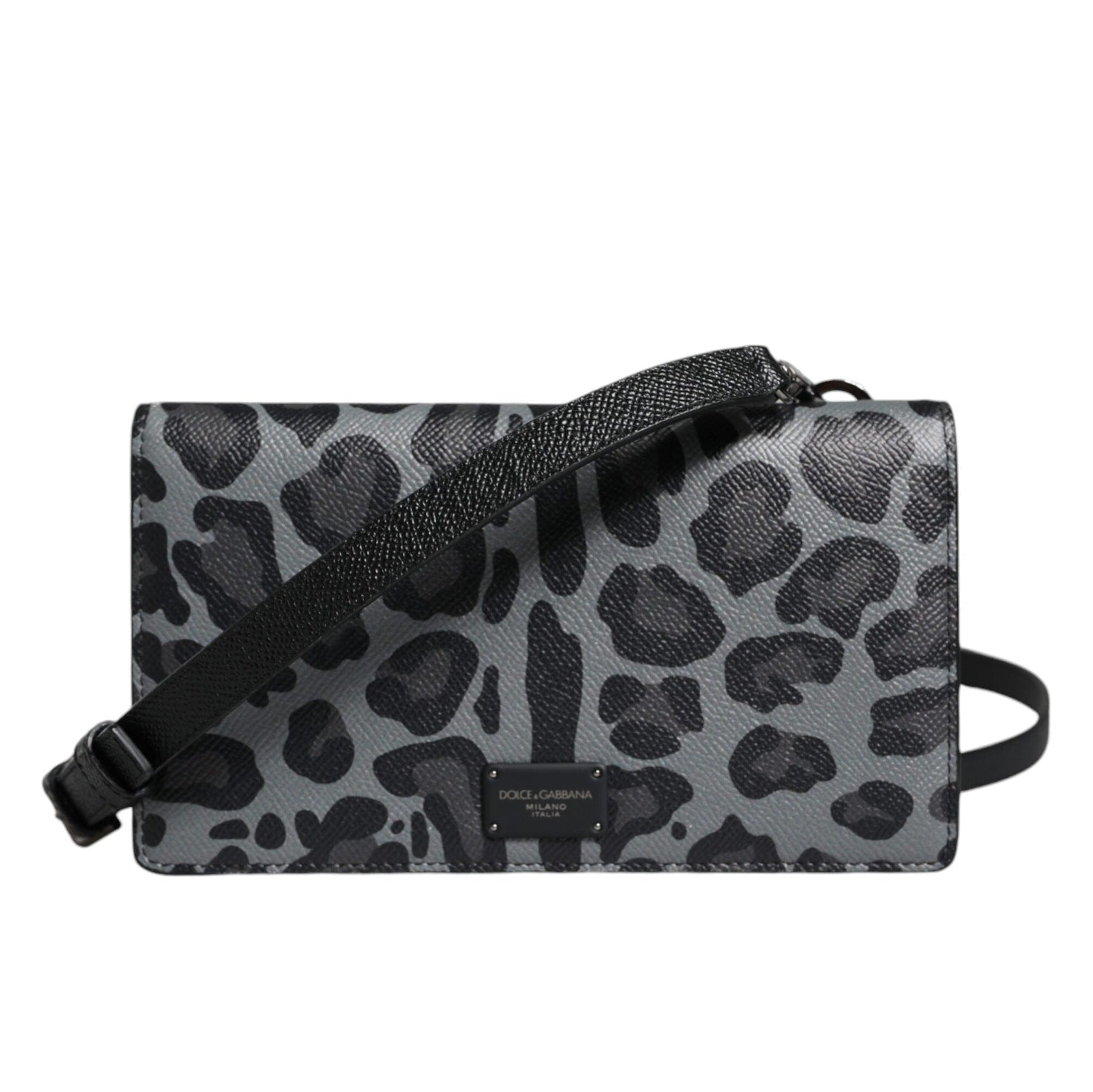 Black Gray Leopard Leather Bifold Card Slot Crossbody Bag